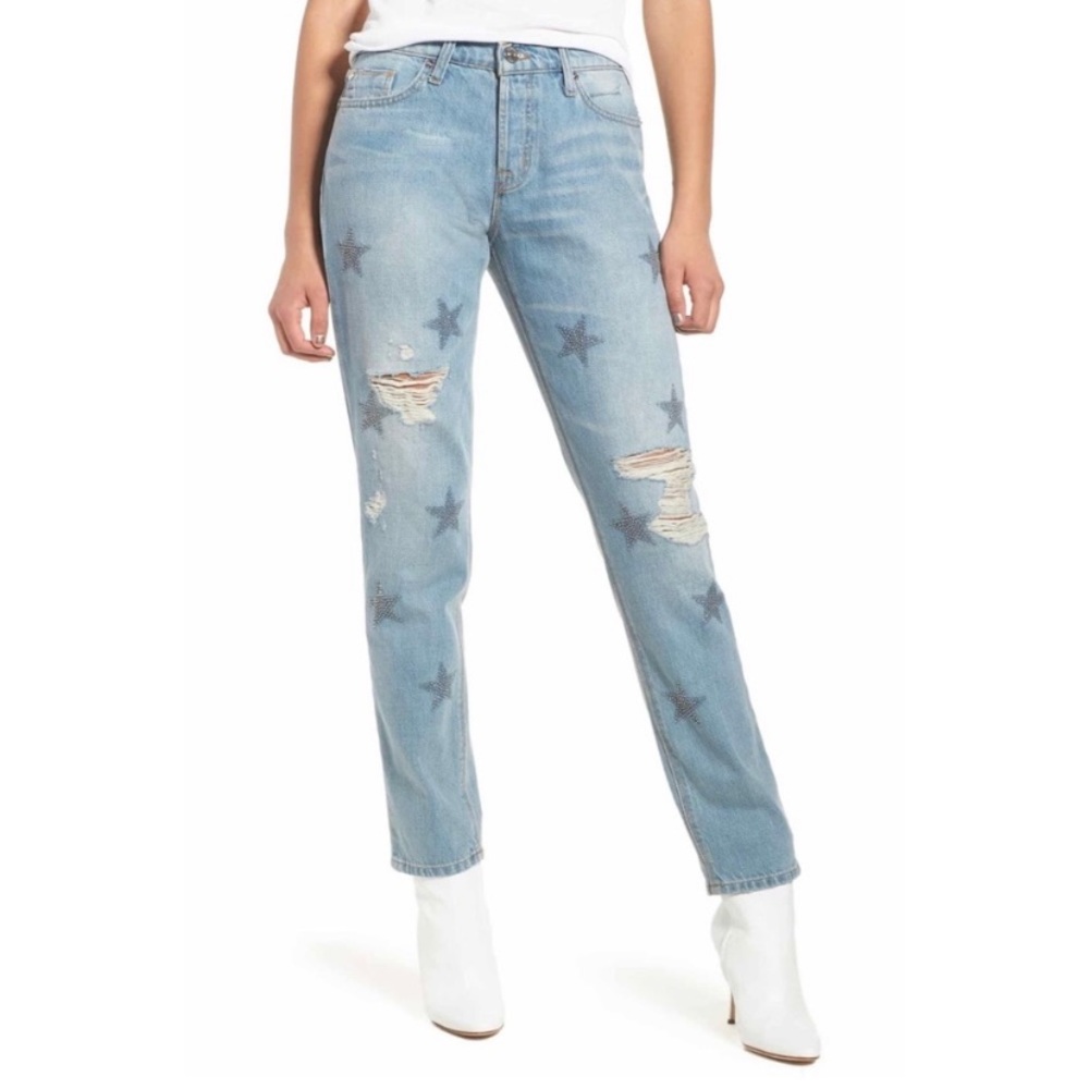 Hudson Riley Crop Jeans Star Button Fly Distressed Relaxed Straight Size 26